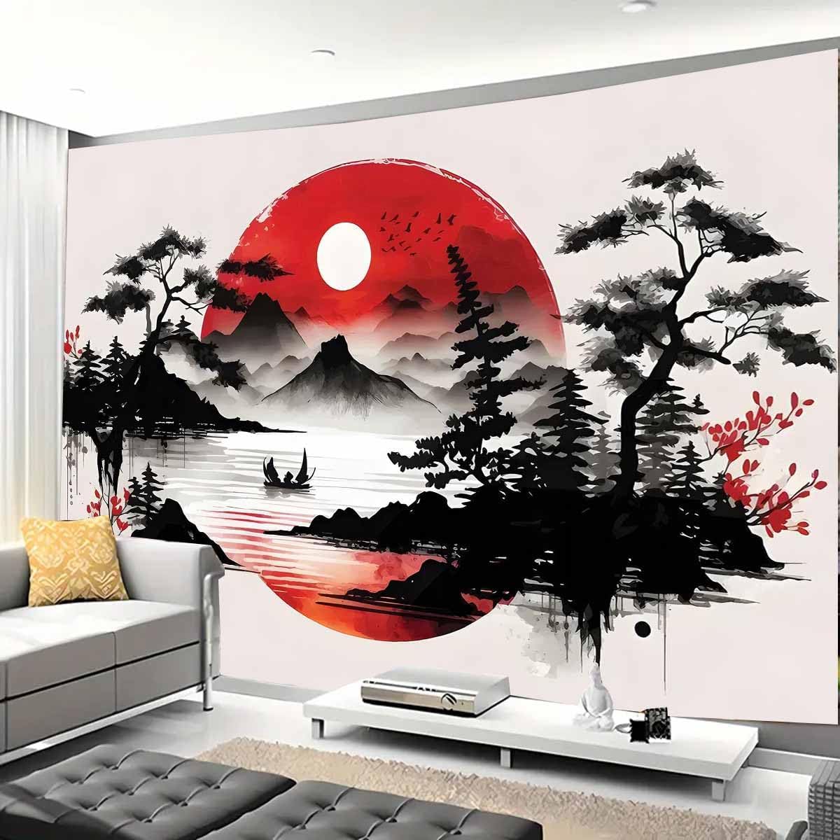 Wall Scroll Tapestry - ผ้าแขวนผนังลายภูเขาญี่ปุ่น สไตล์เซนเอเชีย ลายพระอาทิตย์และไม้ไผ่ ตกแต่งห้องนั่งเล่น ศิลปะตกแต่งบ้าน ผ้าตกแต่ง