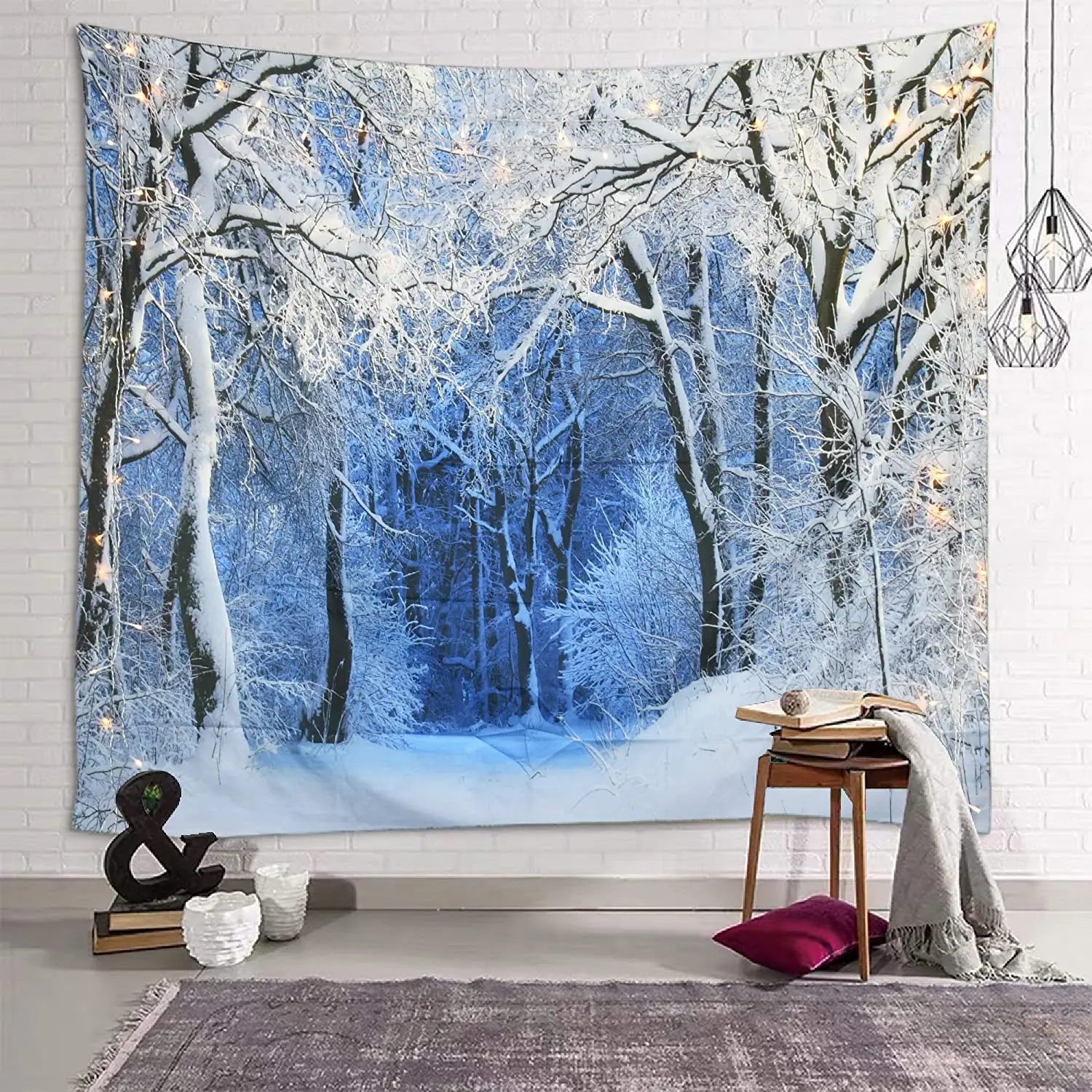 Wall Scroll Tapestry - พรมติดผนังลายป่าสีขาวธรรมชาติสำหรับงานปาร์ตี้ห้องรับแขกห้องนอนการตกแต่งบ้านหอพัก