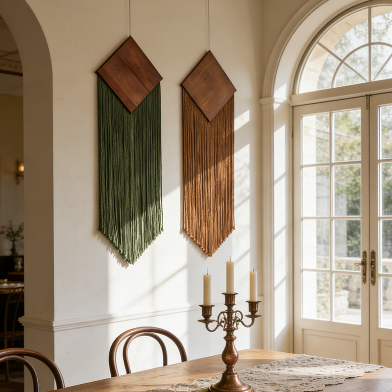 Wall Scroll Tapestry - ผ้าทอเชือกฝ้ายสไตล์โบฮีเมียนพร้อมพู่ห้อยตกแต่งผนังไม้รูปทรงเพชรสำหรับตกแต่งโรงแรม