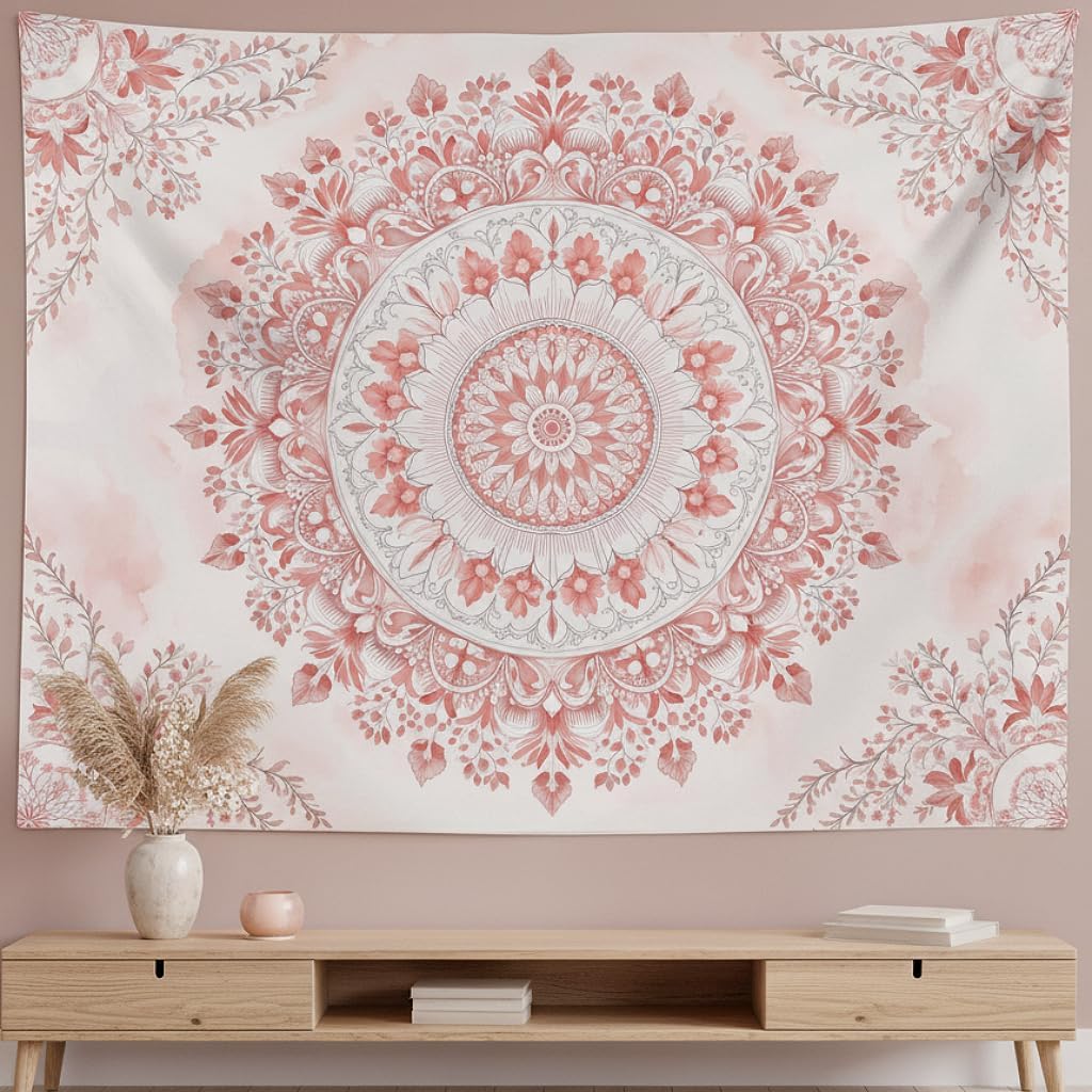 Wall Scroll Tapestry - พรมลายดอกไม้สีชมพู – งานศิลปะติดผนังสไตล์โบโฮสีน้ำแบบนุ่มนวล ตกแต่งสวยงามสำหรับห้องนอน ห้องนั่งเล่น