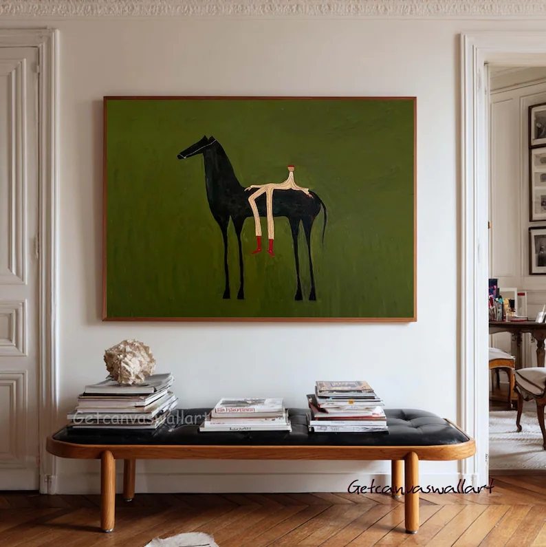 Art Print Framed - ภาพพิมพ์ศิลปะนามธรรมสมัยใหม่ลายม้าตะวันตกและรูปคน ภาพวาดบนผ้าใบ โปสเตอร์ สำหรับตกแต่งห้องนั่งเล่น ห้องนอน และบ้าน