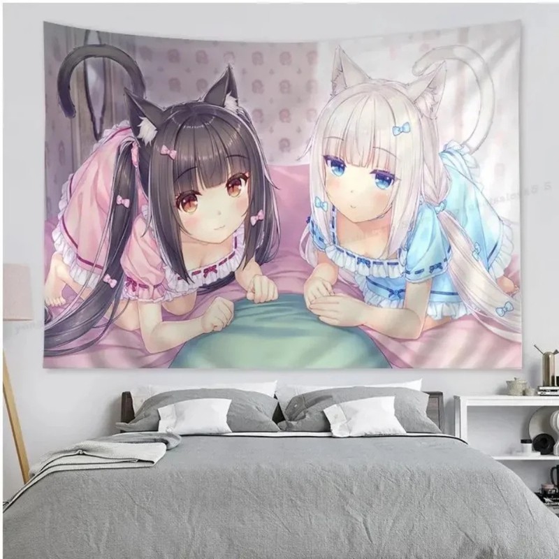 Wall Scroll Tapestry - VIKAMA ผ้าแขวนผนังลายการ์ตูนแมวสาวสไตล์โลลิต้าหวานๆ สำหรับตกแต่งห้องนอนวัยรุ่น ห้องนั่งเล่น หอพัก ตกแต่งบ้าน