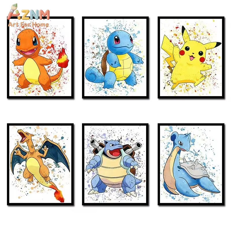 Anime Merchandise Posters - 1 ชิ้น，อะนิเมะโปเกมอนภาพวาดผ้าใบบูลบาซอร์ สควิร์เทิลโปสเตอร์และภาพพิมพ์สีน้ำศิลปะบนผนังภาพตกแต่งบ้านของขวัญสำหรับเด็ก