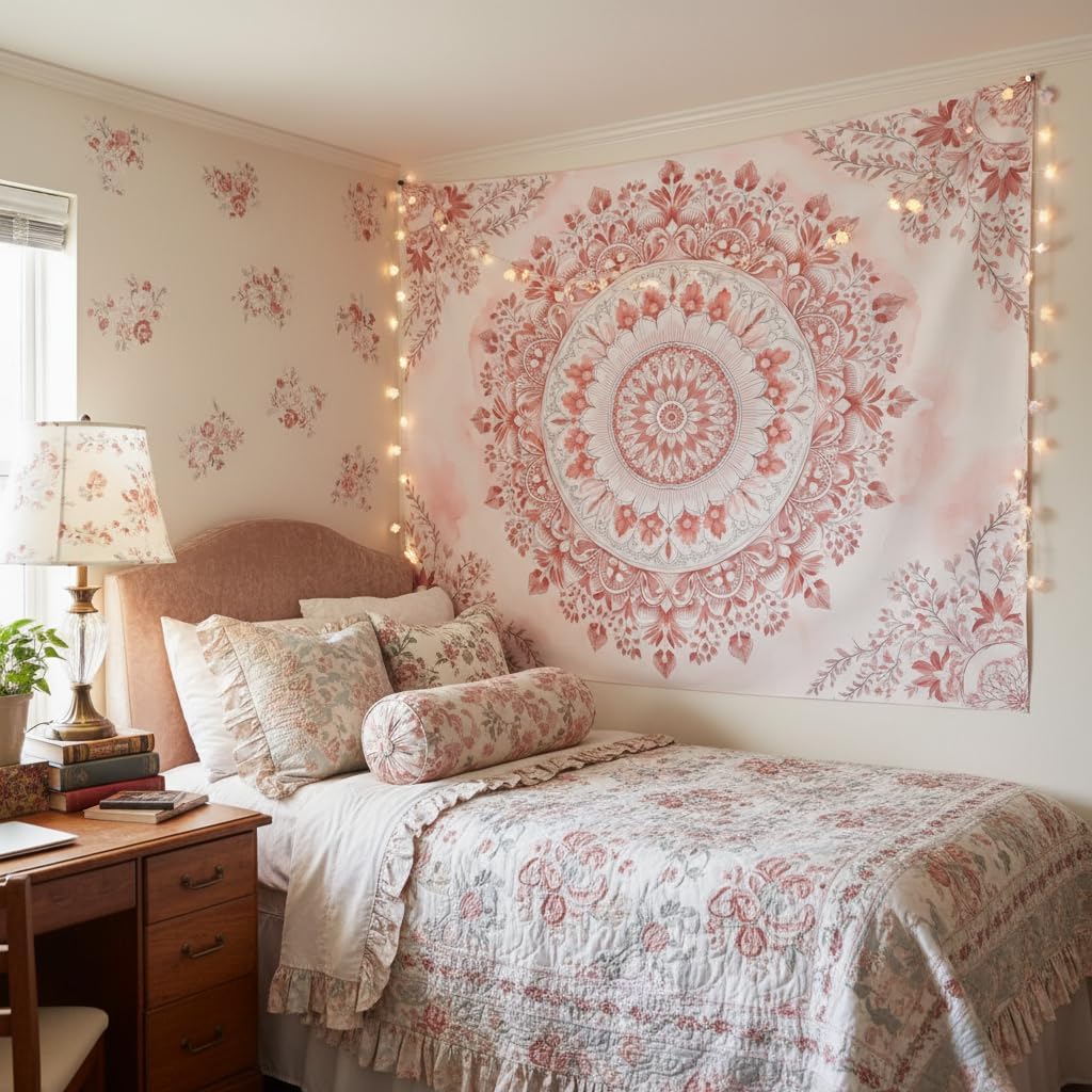 พรมลายดอกไม้สีชมพู – งานศิลปะต - Wall Scroll Tapestry บทวิจารณ์และราคา